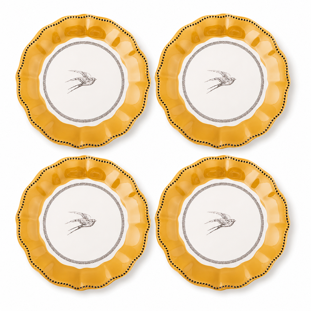 Vintage Swallow Scalloped Plates - Set of 4 (Mustard Yellow)