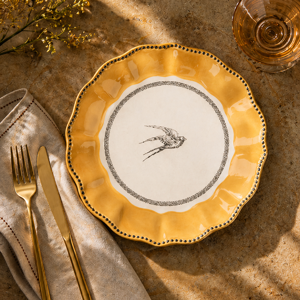Vintage Swallow Scalloped Plates - Set of 4 (Mustard Yellow)