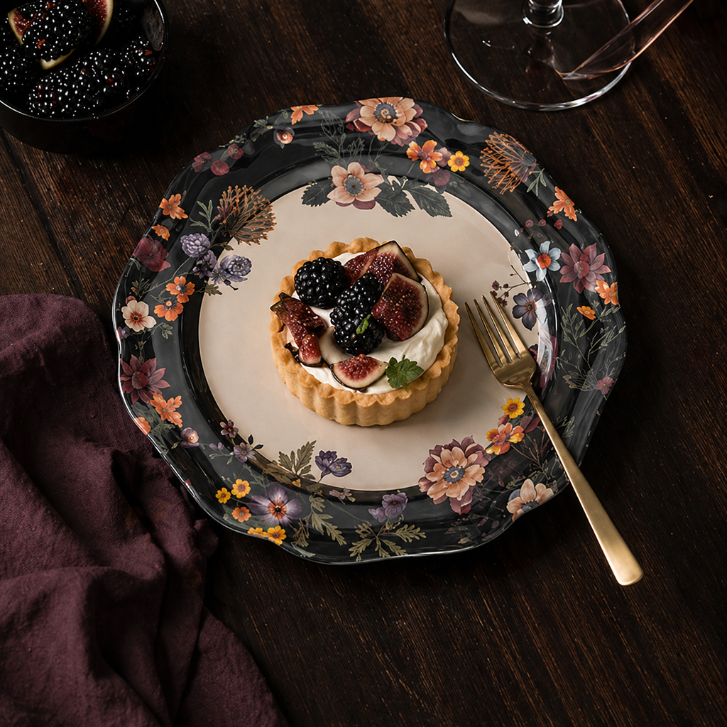 Gothic Raven and Vintage Floral Scalloped Plates - Set of 4