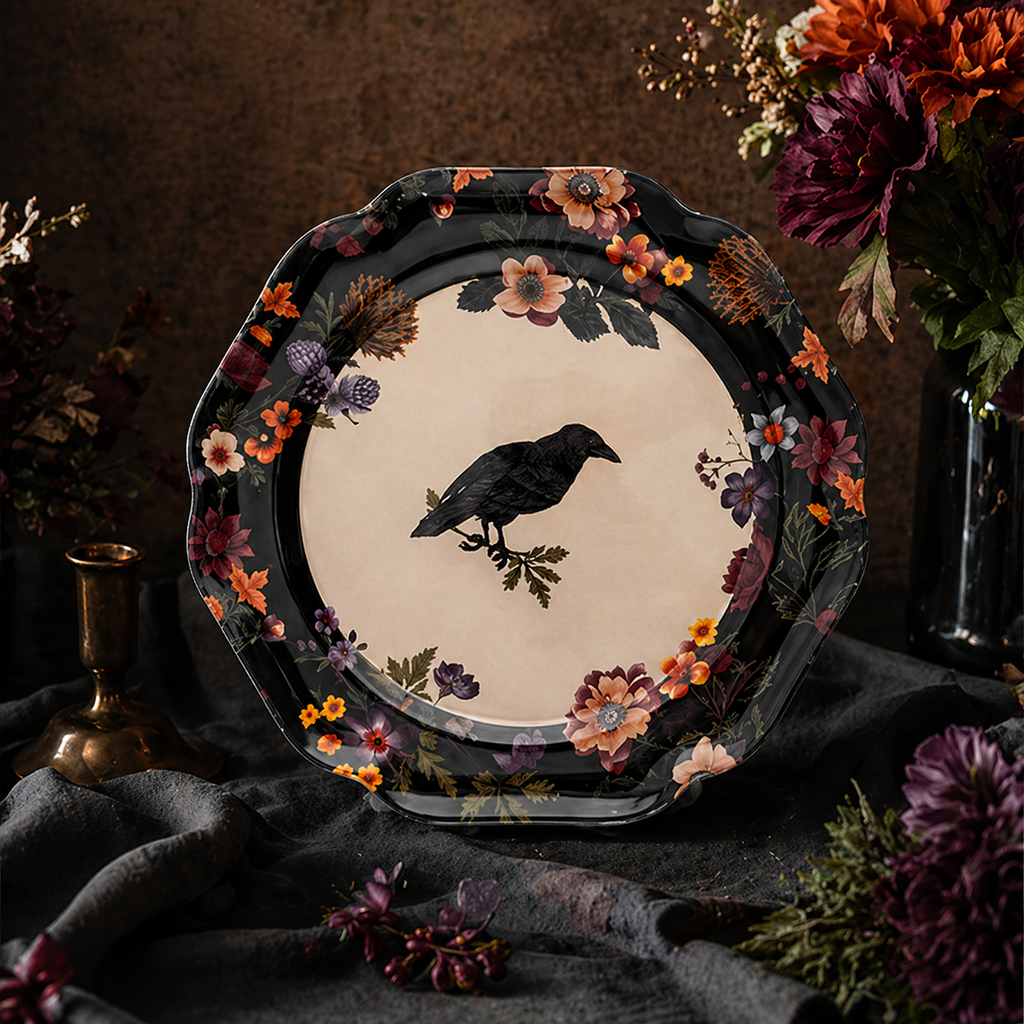 Gothic Raven and Vintage Floral Scalloped Plates - Set of 4
