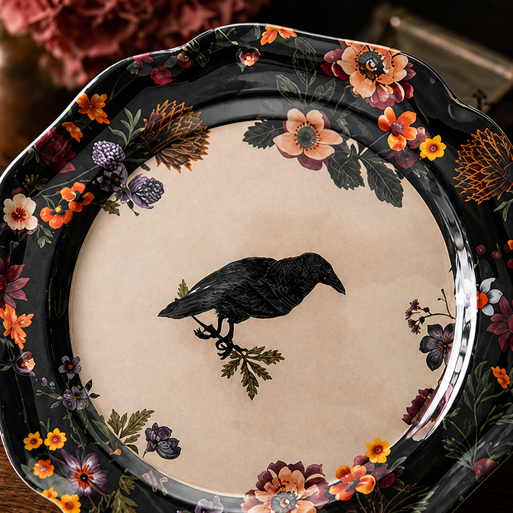 Gothic Raven and Vintage Floral Scalloped Plates - Set of 4