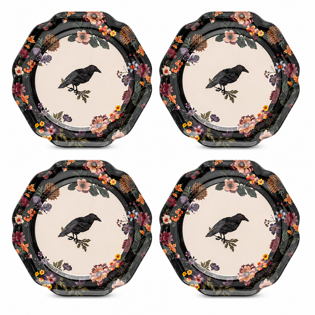 Gothic Raven and Vintage Floral Scalloped Plates - Set of 4