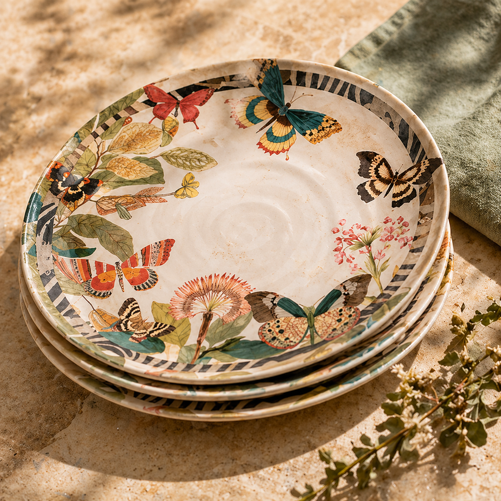 Enchanted Butterfly Garden Plates with Graphic Striped Rim - Set of 4
