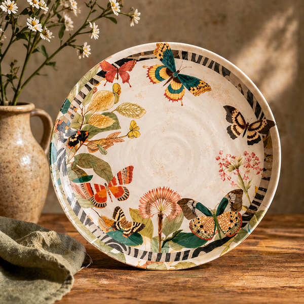 Enchanted Butterfly Garden Plates with Graphic Striped Rim - Set of 4