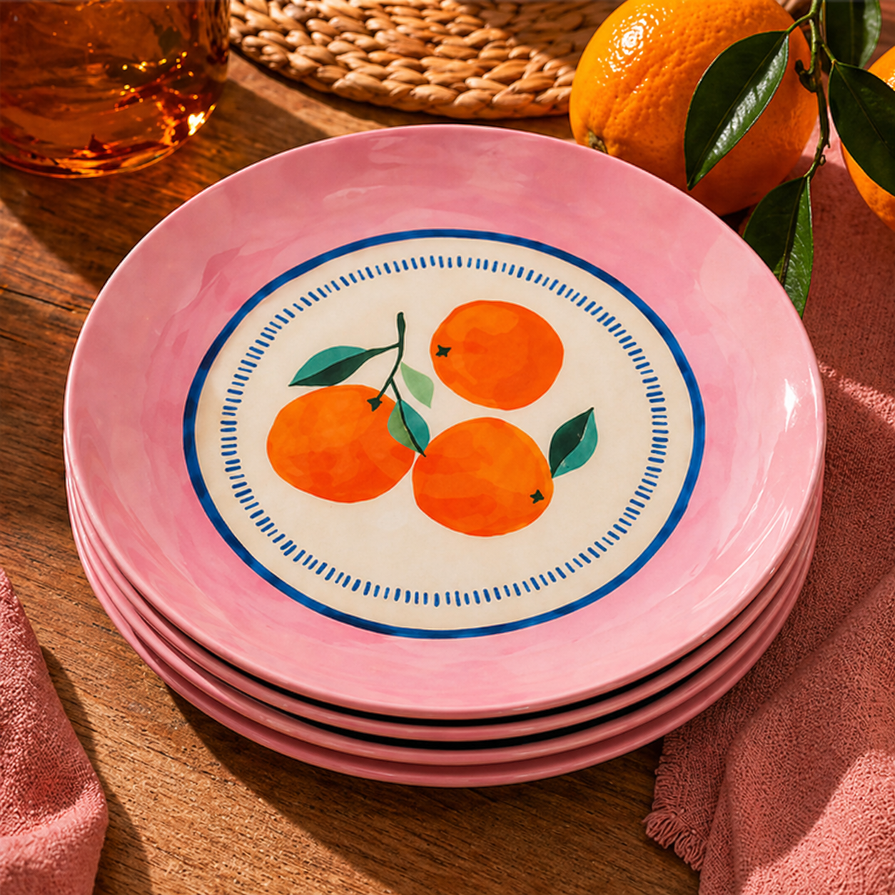 Pastel Pink Citrus Motif Plates - Set of 4