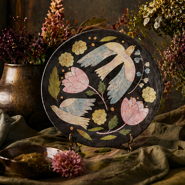 Moody Folk Art Floral & Bird Plates - Set of 4