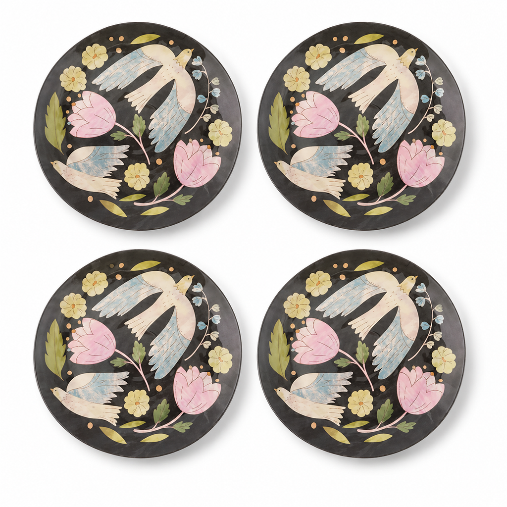 Moody Folk Art Floral & Bird Plates - Set of 4
