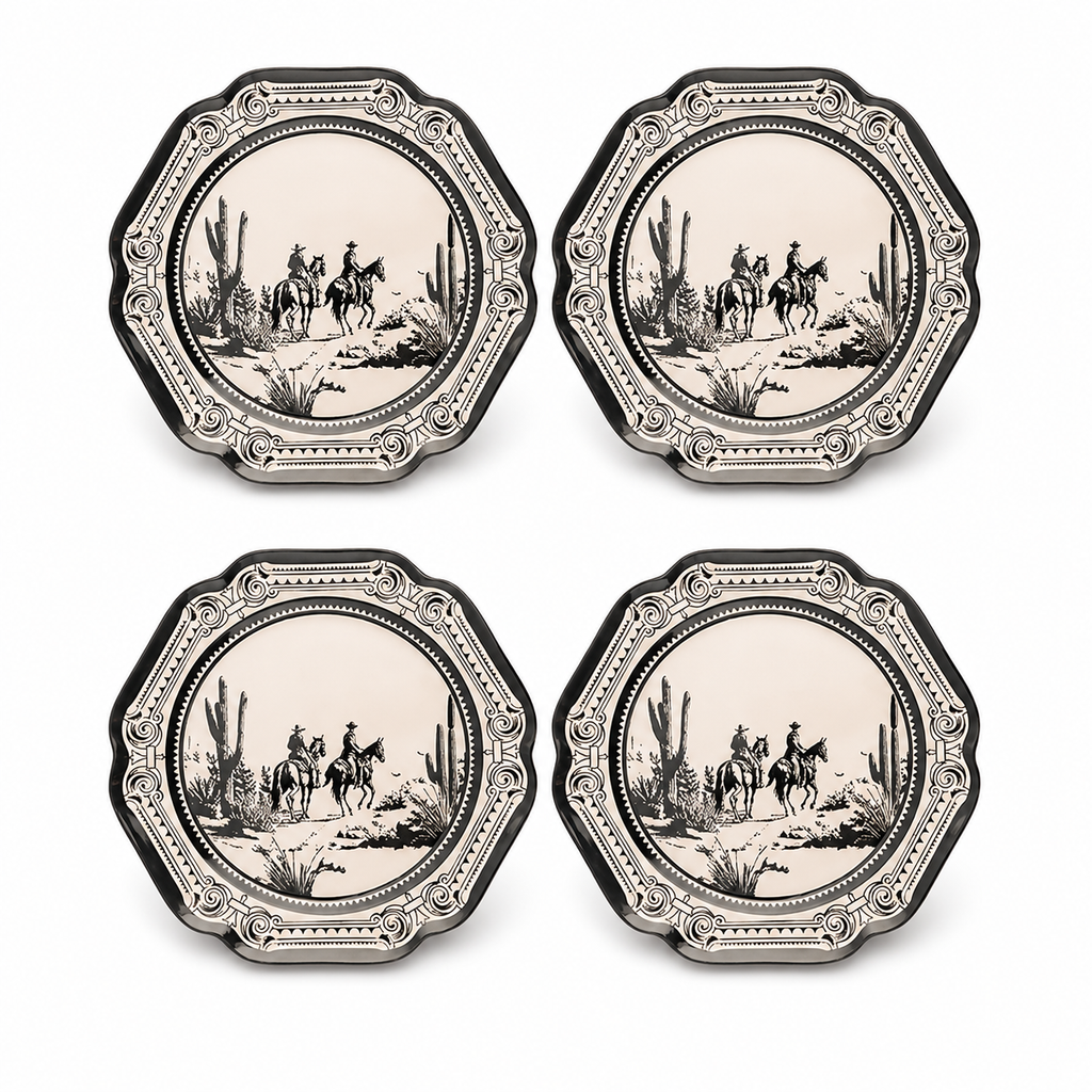 Vintage Western Cowboy Toile Scalloped Plates - Set of 4