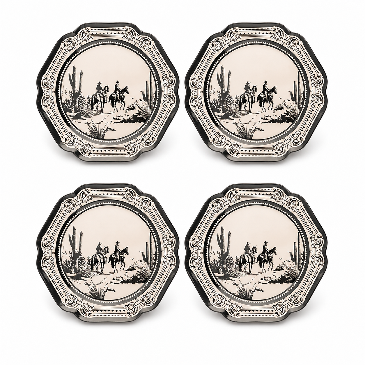 Vintage Western Cowboy Toile Scalloped Plates - Set of 4